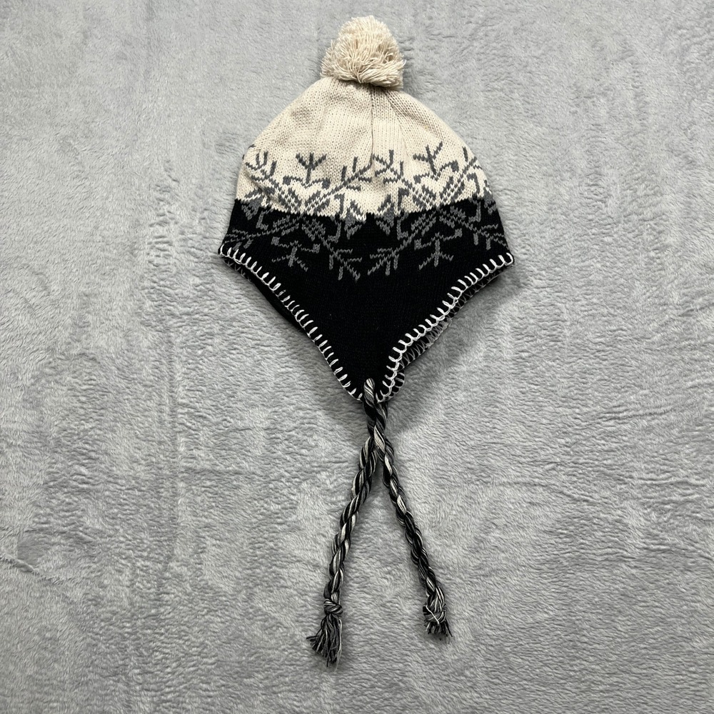 Old Navy Snowflake Trapper Hat Fleece Lined Black White Fair Isle Knit Pom